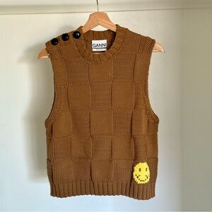 Ganni Tan Knit Vest with Yellow Smiley Patch